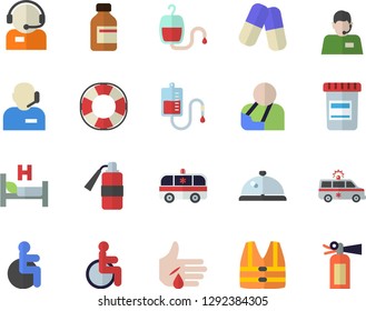 Color flat icon set telephone operator flat vector, pills, vial, blood transfusion, disabled, hospital bed, injury, ambulance, phone, life vest fector, lifebuoy, jingle, fire extinguisher