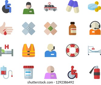 Color flat icon set telephone operator flat vector, pills, vial, blood transfusion, disabled, hospital bed, injury, ambulance, patch, phone, life vest fector, lifebuoy, fire extinguisher
