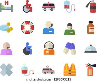 Color flat icon set telephone operator flat vector, pills, vial, blood transfusion, disabled, hospital bed, ambulance, patch, phone, life vest, lifebuoy, fire extinguisher