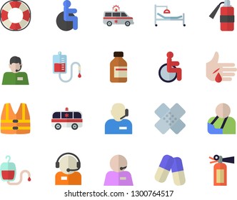 Color flat icon set telephone operator flat vector, pills, vial, blood transfusion, disabled, hospital bed, injury, ambulance, patch, phone, life vest fector, lifebuoy, fire extinguisher