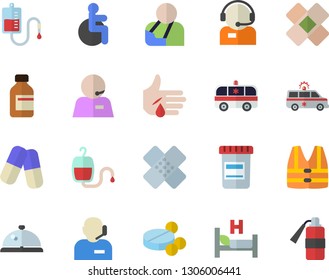 Color flat icon set telephone operator flat vector, pills, vial, blood transfusion, disabled, hospital bed, injury, ambulance, patch, phone, life vest fector, jingle, fire extinguisher