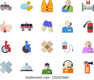 Color flat icon set telephone operator flat vector, pills, blood transfusion, disabled, hospital bed, injury, ambulance, patch, phone, life vest fector, jingle, fire extinguisher