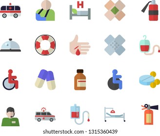 Color flat icon set telephone operator flat vector, pills, vial, blood transfusion, disabled, hospital bed, injury, ambulance, patch, lifebuoy fector, jingle, fire extinguisher