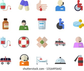 Color flat icon set telephone operator flat vector, pills, vial, blood transfusion, disabled, hospital bed, injury, ambulance, patch, phone, lifebuoy fector, jingle, fire extinguisher