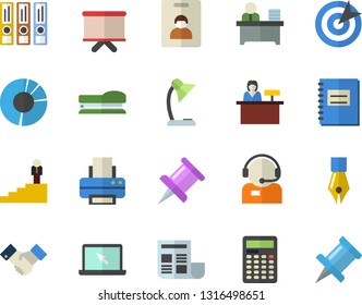Color flat icon set telephone operator flat vector, flipchart, notebook, drawing pin, clircle diagram, document, ink pen, reading lamp, office worker, target, printer, laptop, agreement, stapler