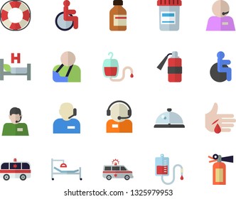 Color flat icon set telephone operator flat vector, vial, blood transfusion, disabled, hospital bed, injury, ambulance, phone, lifebuoy fector, jingle, fire extinguisher