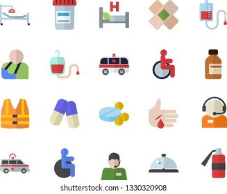 Color flat icon set telephone operator flat vector, pills, vial, blood transfusion, disabled, hospital bed, injury, ambulance, patch, life vest fector, jingle, fire extinguisher