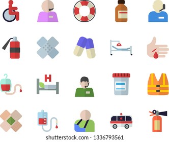 Color flat icon set telephone operator flat vector, pills, vial, blood transfusion, disabled, hospital bed, injury, ambulance, patch, phone, life vest fector, lifebuoy, fire extinguisher