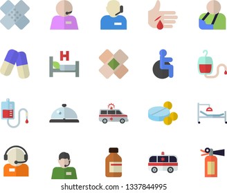 Color flat icon set telephone operator flat vector, pills, vial, blood transfusion, disabled, hospital bed, injury, ambulance, patch, phone, jingle fector, fire extinguisher