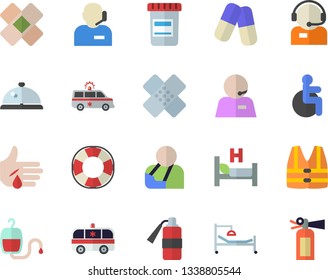 Color flat icon set telephone operator flat vector, pills, vial, blood transfusion, disabled, hospital bed, injury, ambulance, patch, phone, life vest fector, lifebuoy, jingle, fire extinguisher