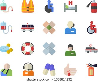 Color flat icon set telephone operator flat vector, pills, blood transfusion, disabled, hospital bed, injury, ambulance, patch, phone, life vest fector, lifebuoy, fire extinguisher