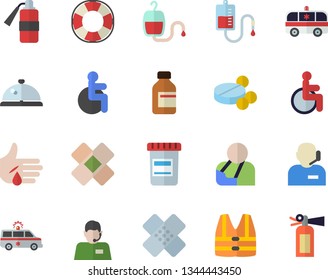 Color flat icon set telephone operator flat vector, pills, vial, blood transfusion, disabled, injury, ambulance, patch, phone, life vest fector, lifebuoy, jingle, fire extinguisher