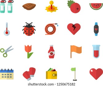 Color flat icon set temperature flat vector, watermelon, chop, cranberry, ketchup, ladybird, hose, tulip, laser, purse, flag, blood test, ampoule, sports, boxing gloves, fitness bracelet, scissors