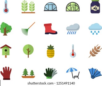 Color flat icon set temperature flat vector, ear, jam, pineapple, thermometer, nesting box, tree, rake, gumboots, gloves, rain, greenhouse, forest, chaise lounge fector, flippers