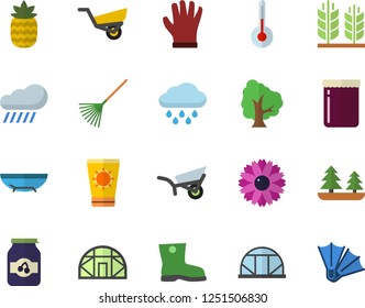 Color flat icon set temperature flat vector, jam, pineapple, tree, flower, rake, garden wheelbarrow, gumboots, gloves, rain, greenhouse, forest, ear, sea beach fector, sun protection cream, flippers