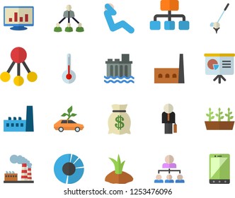 Color flat icon set temperature flat vector, planting plants, seedlings, factory, hydroelectric power station, manufactory, eco cars, hierarchy, wealth, computer chart, clircle diagram, businessman