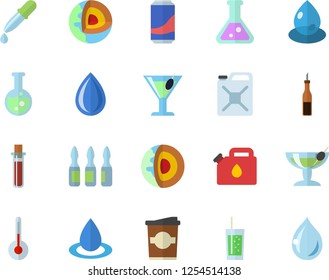 Color flat icon set temperature flat vector, sauce, lemonade, cocktail, soda, coffe, drop, canister, pipette, blood test, ampoule, flask, core of the earth fector