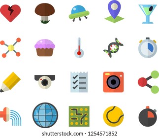 Color flat icon set temperature flat vector, cupcake, cocktail, mushroom, hose irrigation, location, earth, molecules, to do list, pencil, molecule, ufo, electronic circuit, dna, tennis ball, heart