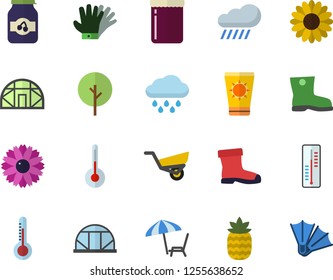 Color flat icon set temperature flat vector, jam, pineapple, thermometer, tree, flower, garden wheelbarrow, gumboots, gloves, rain, greenhouse, chaise lounge fector, sun protection cream, flippers