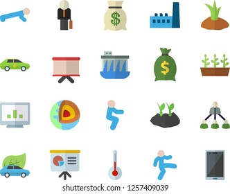 Color flat icon set temperature flat vector, planting plants, seedlings, hydroelectric power station, manufactory, eco cars, electric, wealth, flipchart, computer chart, hierarchy, businessman