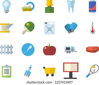 Color flat icon set temperature flat vector, chop, tomato, lemonade, canister, radiator, grocery trolley, billboard, tomograph, sperm, tooth, rocket, bulb, hostory roll, boxing gloves, table tennis