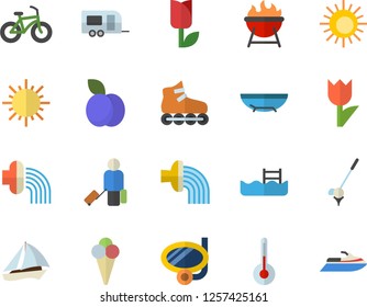Color flat icon set temperature flat vector, barbecue, ice cream, plum, hose irrigation, tulip, sun, bicycle, roller Skates, pool, trailer fector, sailboat, luggage, sea beach, swimming mask, golf