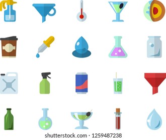 Color flat icon set temperature flat vector, lemonade, cocktail, soda, coffe, pulverizer, drop, canister, glass bottles, funnel, pipette, blood test, flask, core of the earth fector