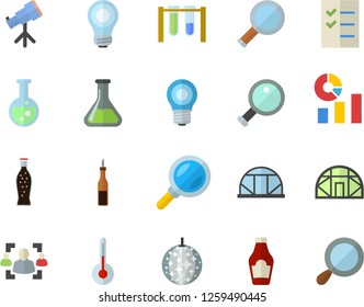 Color flat icon set temperature flat vector, ketchup, sauce, lemonade, greenhouse, chemistry, lamp, magnifier, statistics, recruitment, to do list, flask, bulb, beakers, telescope, disco ball fector