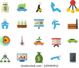 Color flat icon set temperature flat vector, seedlings, manufactory, eco cars, electric, hierarchy, wealth, flipchart, computer chart, businessman, presentaition board, core of the earth fector