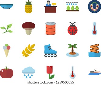 Color flat icon set temperature flat vector, canned food, tomato, ice cream, pineapple, mushroom, thermometer, ladybird, sprinkling machine, tulip, rain, tree leaf, ear, roller Skates, island