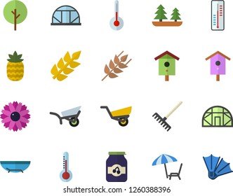 Color flat icon set temperature flat vector, ear, jam, pineapple, thermometer, nesting box, tree, flower, rake, garden wheelbarrow, greenhouse, forest, sea beach fector, chaise lounge, flippers