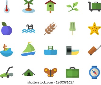 Color flat icon set temperature flat vector, ear, ice cream, plum, nesting box, butterflies, lawn mower, tree leaf, sailboat, pool, luggage fector, suitcase, tent, hotel first line, island, surfing