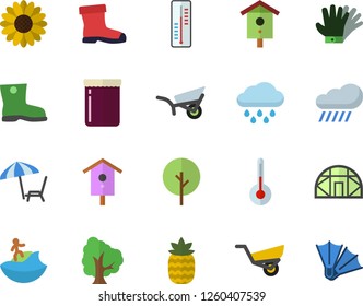 Color flat icon set temperature flat vector, jam, pineapple, thermometer, nesting box, tree, flower, garden wheelbarrow, gumboots, gloves, rain, greenhouse, chaise lounge fector, surfing, flippers