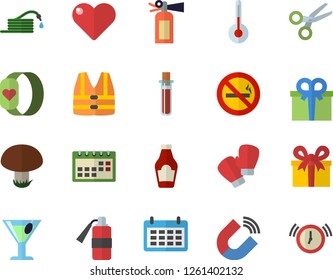 Color flat icon set temperature flat vector, ketchup, cocktail, mushroom, hose, magnet, calendar, present, blood test, boxing gloves, fitness bracelet, no smoking fector, life vest, scissors, heart