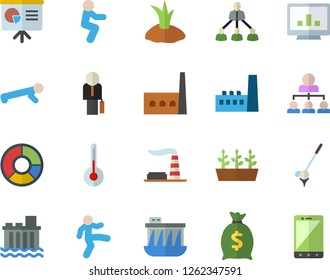 Color flat icon set temperature flat vector, planting plants, seedlings, factory, hydroelectric power station, manufactory, wealth, computer chart, clircle diagram, hierarchy, businessman, squats