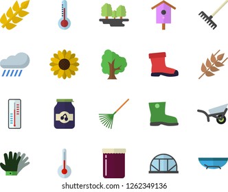 Color flat icon set temperature flat vector, ear, jam, thermometer, nesting box, tree, flower, rake, garden wheelbarrow, gumboots, gloves, rain, greenhouse, forest, sea beach fector
