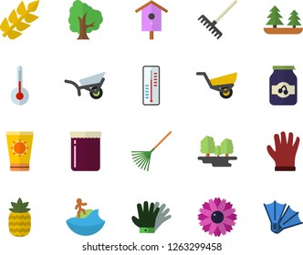 Color flat icon set temperature flat vector, jam, pineapple, thermometer, nesting box, tree, flower, rake, garden wheelbarrow, gloves, forest, ear, sun protection cream fector, surfing, flippers