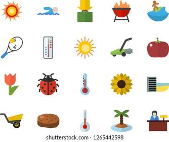 Color flat icon set temperature flat vector, barbecue, cutlet, tomato, thermometer, flower, ladybird, garden wheelbarrow, tulip, lawn mower, swimming, hotel first line fector, get luggage, sun