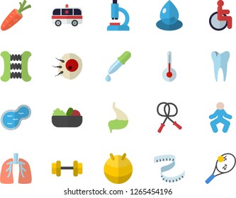 Color flat icon set temperature flat vector, salad, carrot, pond, drop, pipette, disabled, microscope, ambulance, artificial insemination, caries, stomach, lungs, dumbbell, centimeter, skipping rope