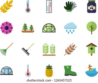 Color flat icon set temperature flat vector, ear, jam, pineapple, thermometer, nesting box, tree, flower, rake, gumboots, gloves, rain, greenhouse, forest, surfing fector