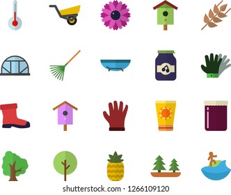 Color flat icon set temperature flat vector, ear, jam, pineapple, nesting box, tree, flower, rake, garden wheelbarrow, gumboots, gloves, greenhouse, forest, sea beach fector, sun protection cream