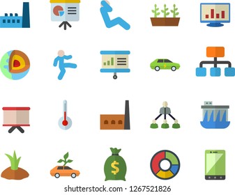 Color flat icon set temperature flat vector, planting plants, seedlings, hydroelectric power station, manufactory, eco cars, electric, hierarchy, wealth, flipchart, computer chart, clircle diagram
