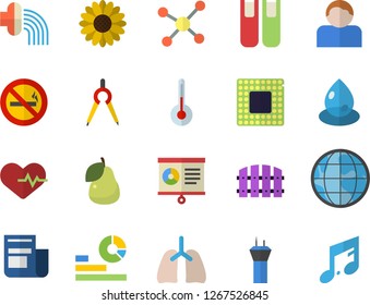 Color flat icon set temperature flat vector, pear, flower, fence, hose irrigation, drop, dividers, earth, statistics, news, lungs, chart, book, molecule, cpu, heartbeat, airport tower fector, user