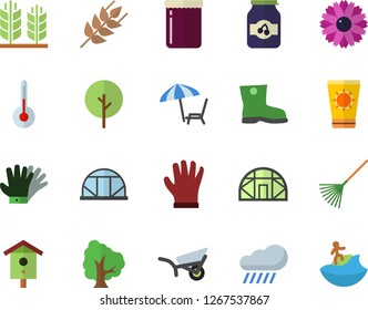 Color flat icon set temperature flat vector, ear, jam, nesting box, tree, flower, rake, garden wheelbarrow, gumboots, gloves, rain, greenhouse, chaise lounge fector, sun protection cream, surfing
