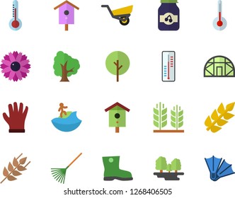 Color flat icon set temperature flat vector, ear, jam, thermometer, nesting box, tree, flower, rake, garden wheelbarrow, gumboots, gloves, greenhouse, forest, surfing fector, flippers