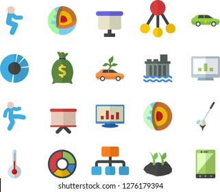 Color flat icon set temperature flat vector, planting plants, hydroelectric power station, eco cars, electric, hierarchy, wealth, flipchart, computer chart, clircle diagram, core of the earth fector