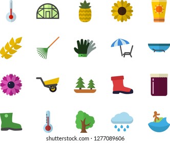 Color flat icon set temperature flat vector, jam, pineapple, thermometer, tree, flower, rake, garden wheelbarrow, gumboots, gloves, rain, greenhouse, forest, ear, sea beach fector, chaise lounge
