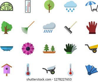 Color flat icon set temperature flat vector, thermometer, nesting box, tree, flower, rake, garden wheelbarrow, gloves, rain, greenhouse, forest, sea beach fector, chaise lounge, flippers