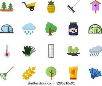 Color flat icon set temperature flat vector, jam, pineapple, thermometer, nesting box, tree, rake, garden wheelbarrow, gloves, rain, greenhouse, forest, ear, sun protection cream fector, flippers