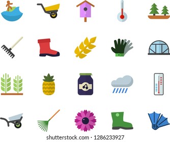 Color flat icon set temperature flat vector, jam, pineapple, thermometer, nesting box, flower, rake, garden wheelbarrow, gumboots, gloves, rain, greenhouse, forest, ear, surfing fector, flippers